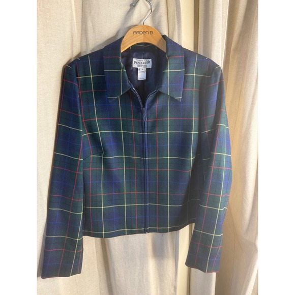 Pendleton Jackets & Blazers - Vtg Pendleton Wool Plaid Zip Up Jacket Tartan Blazer‎ Green Blue Red Yellow